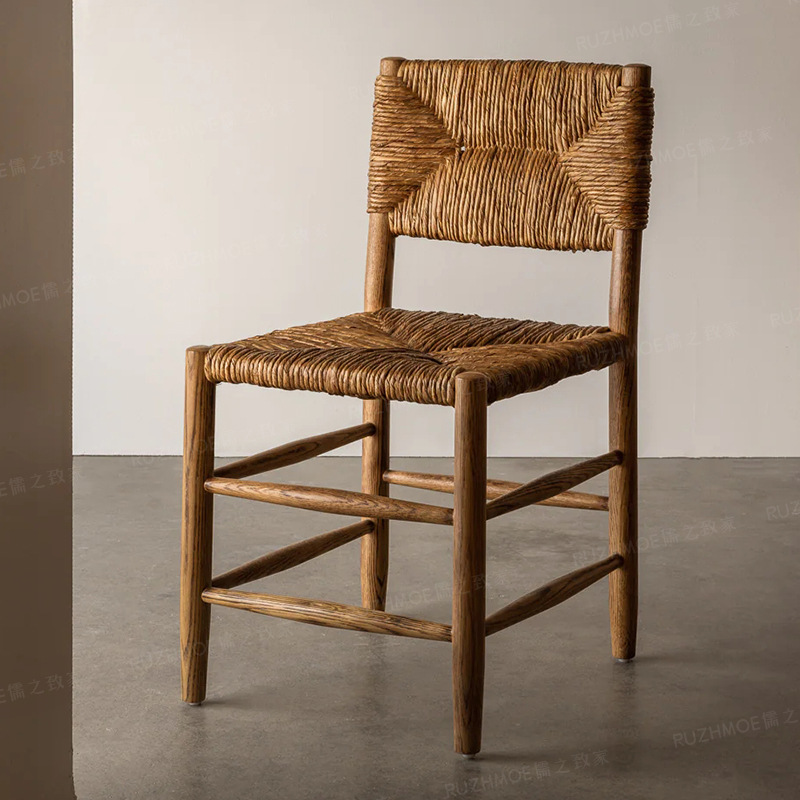 Retro Woven Bar Chair Solid Wood Dining