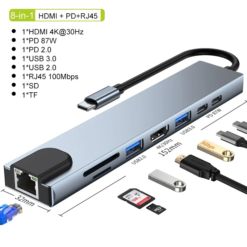 USB C Hub 8-in-1 7in2 7-in-1 Type C 3.1 To 4K HDMI Adapter with RJ45 SD/TF Card Reader PD…
