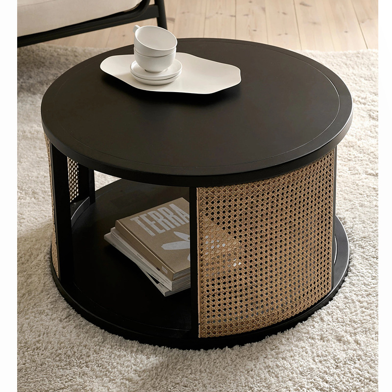 Solid Wood Double-layer Rattan Tea Table