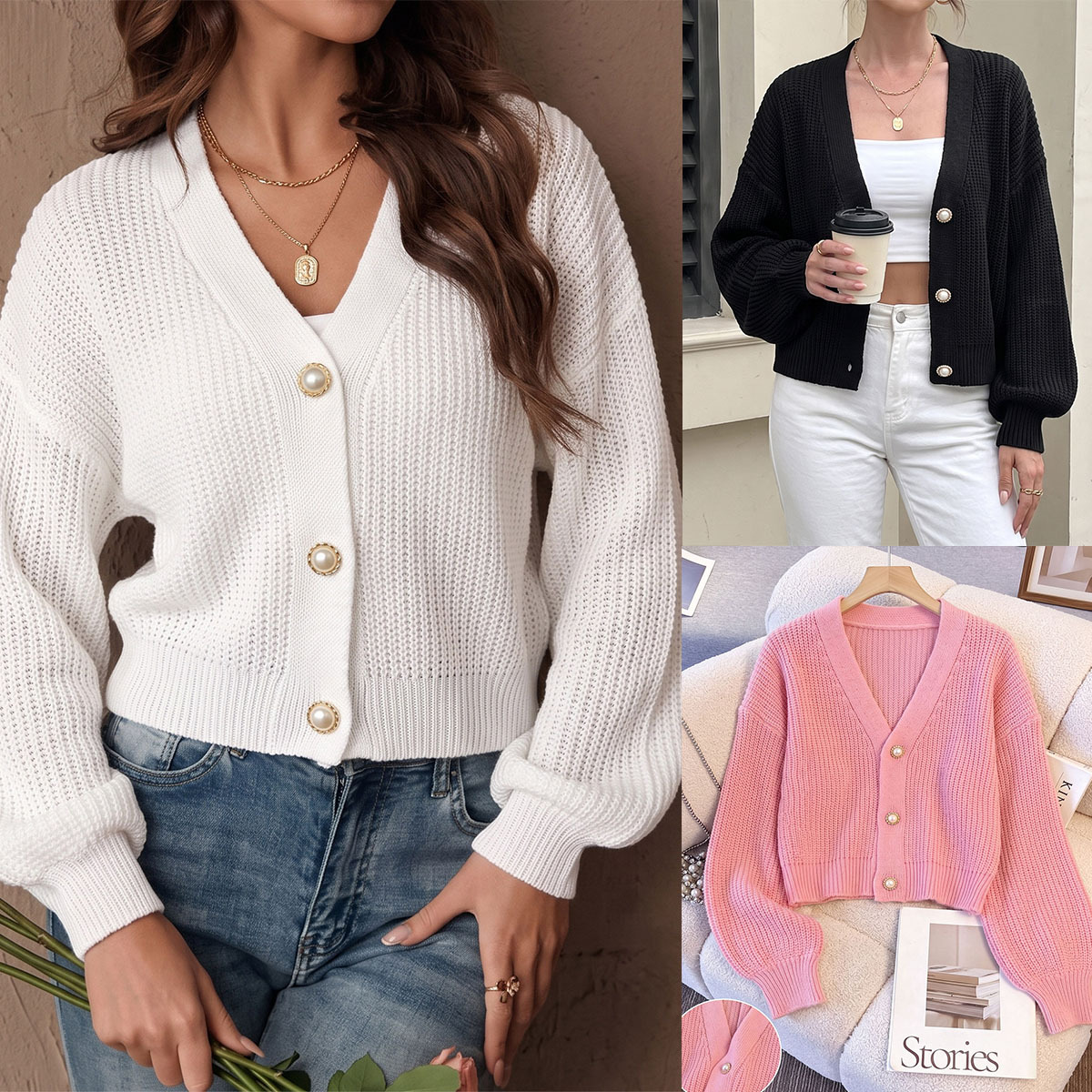 Women's Pearl-button Coat Sweater Cardigan