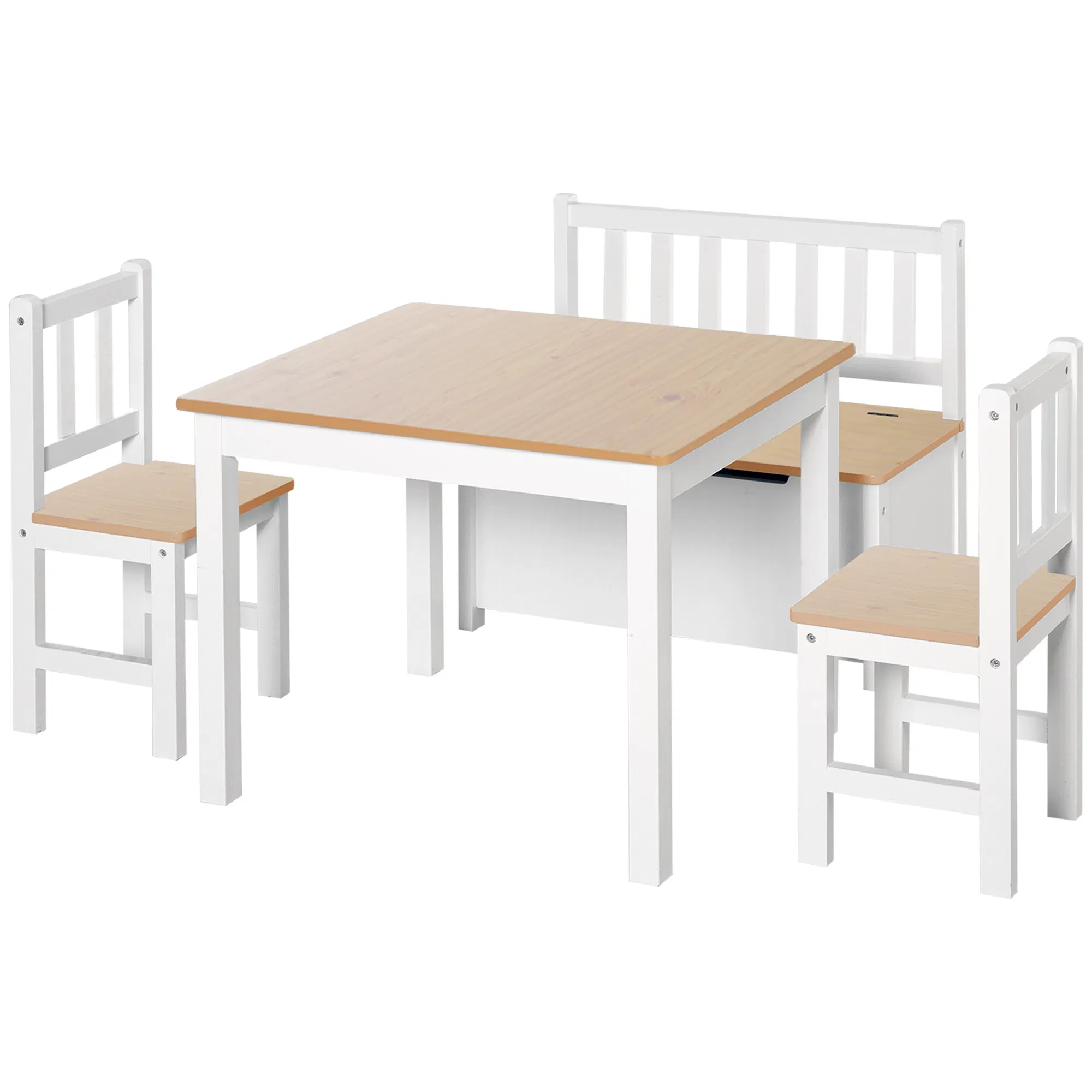 4-Piece Set Kids Wood Table Chair Bench with Storage Function Easy to Clean Gift for…