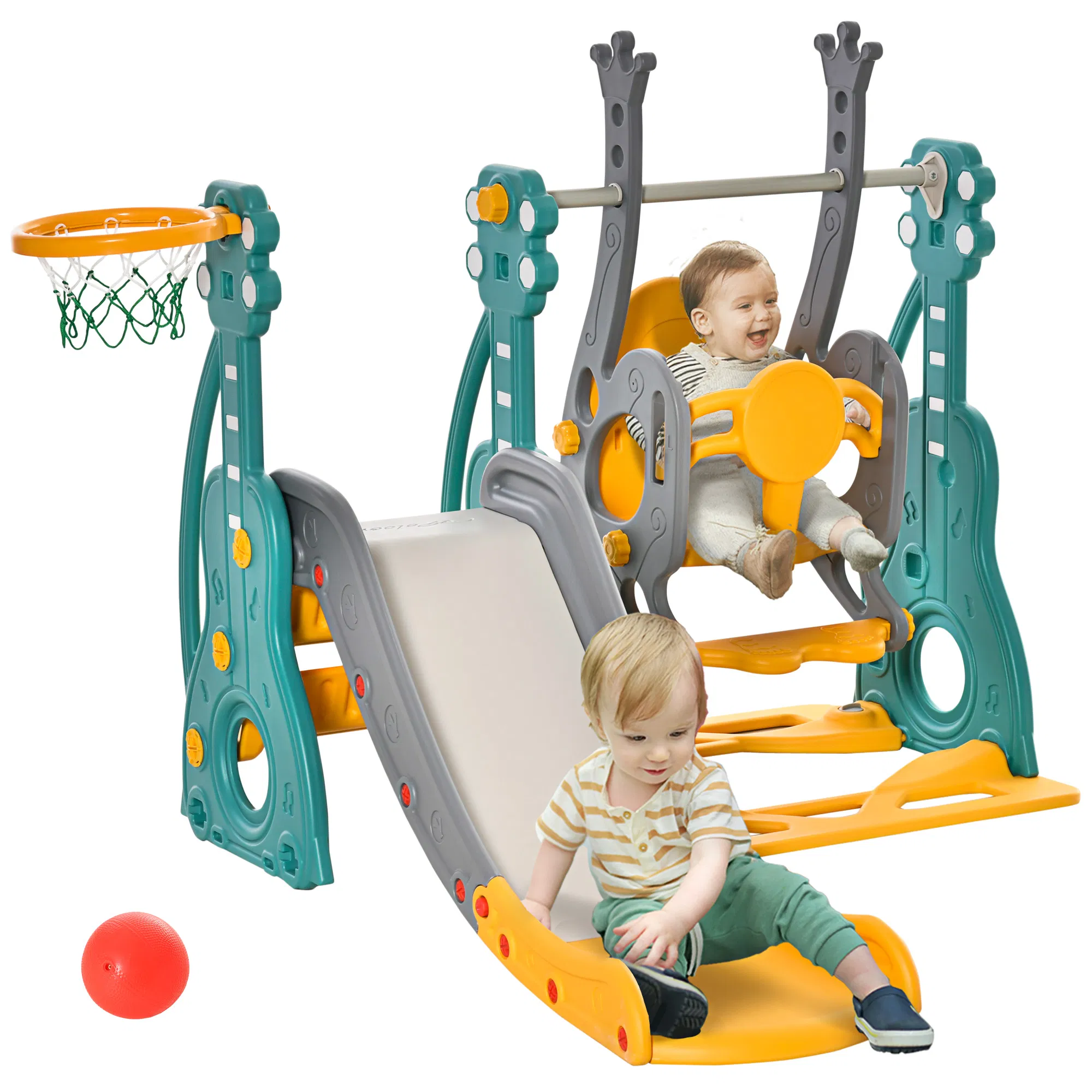 4-in-1 Kids Slide and Swing Set with Basketball Hoop and Adjustable Seat Height, Toddler…