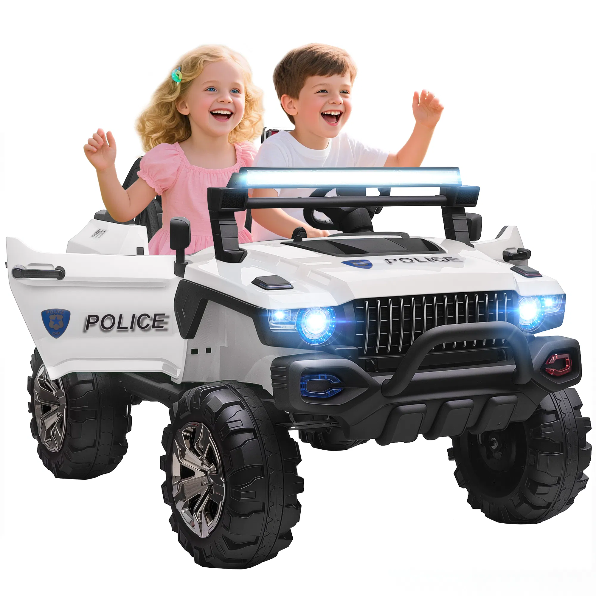 Kids Ride-On Car 12V RC 2-Seater Police Truck Electric Car For Kids with Full LED Lights…