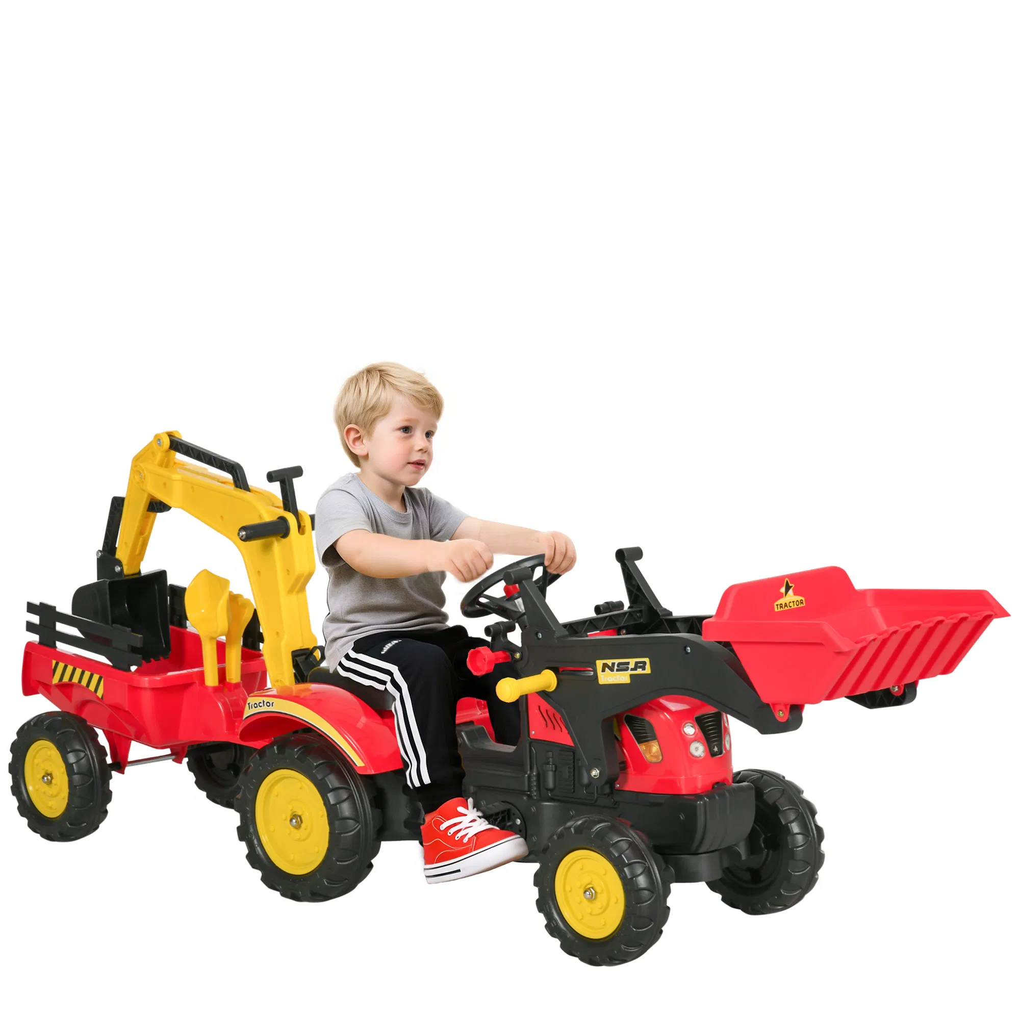 3-in-1 Kids Ride On Excavator Toy with 6 Wheels, Bulldozer with Controllable Cargo…