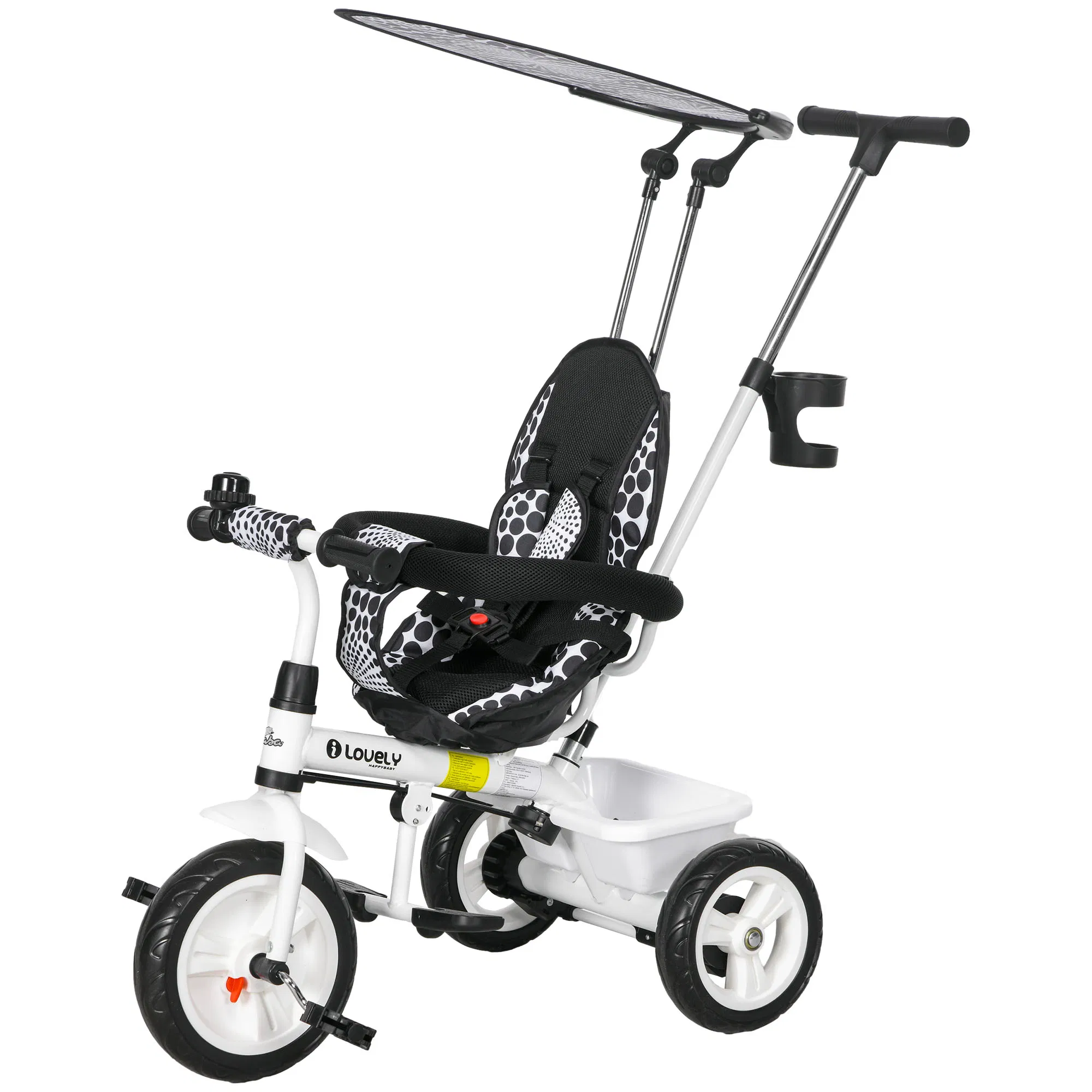 6-in-1 Kids Tricycle with Removable Handlebar and Canopy, White