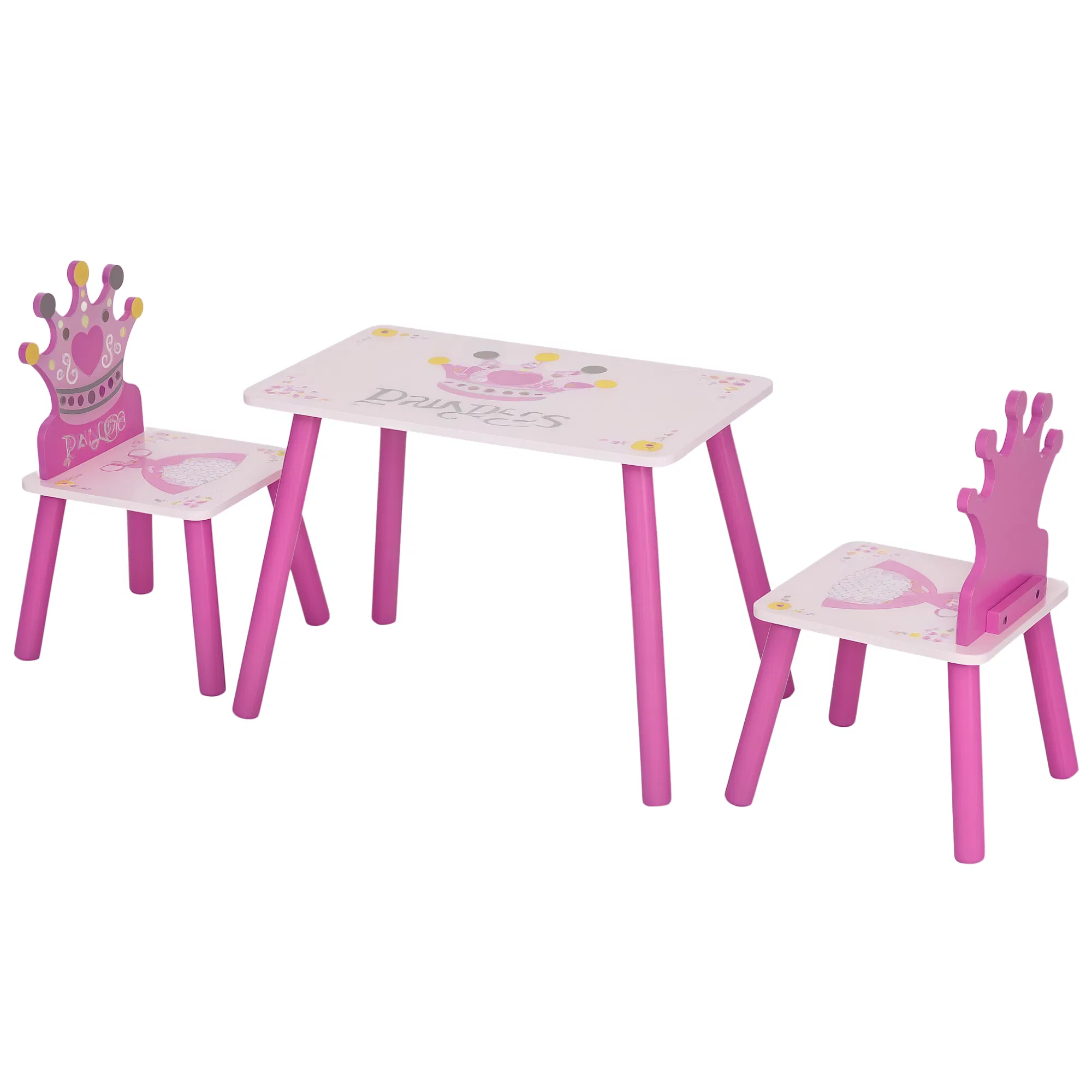 3-Piece Set Kids Wooden Table Chair with Crown Pattern Easy to Clean Gift for Girls…