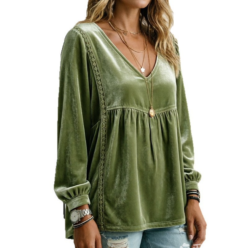 V-neck Lace Velvet Casual Loose-fitting Long-sleeve Top