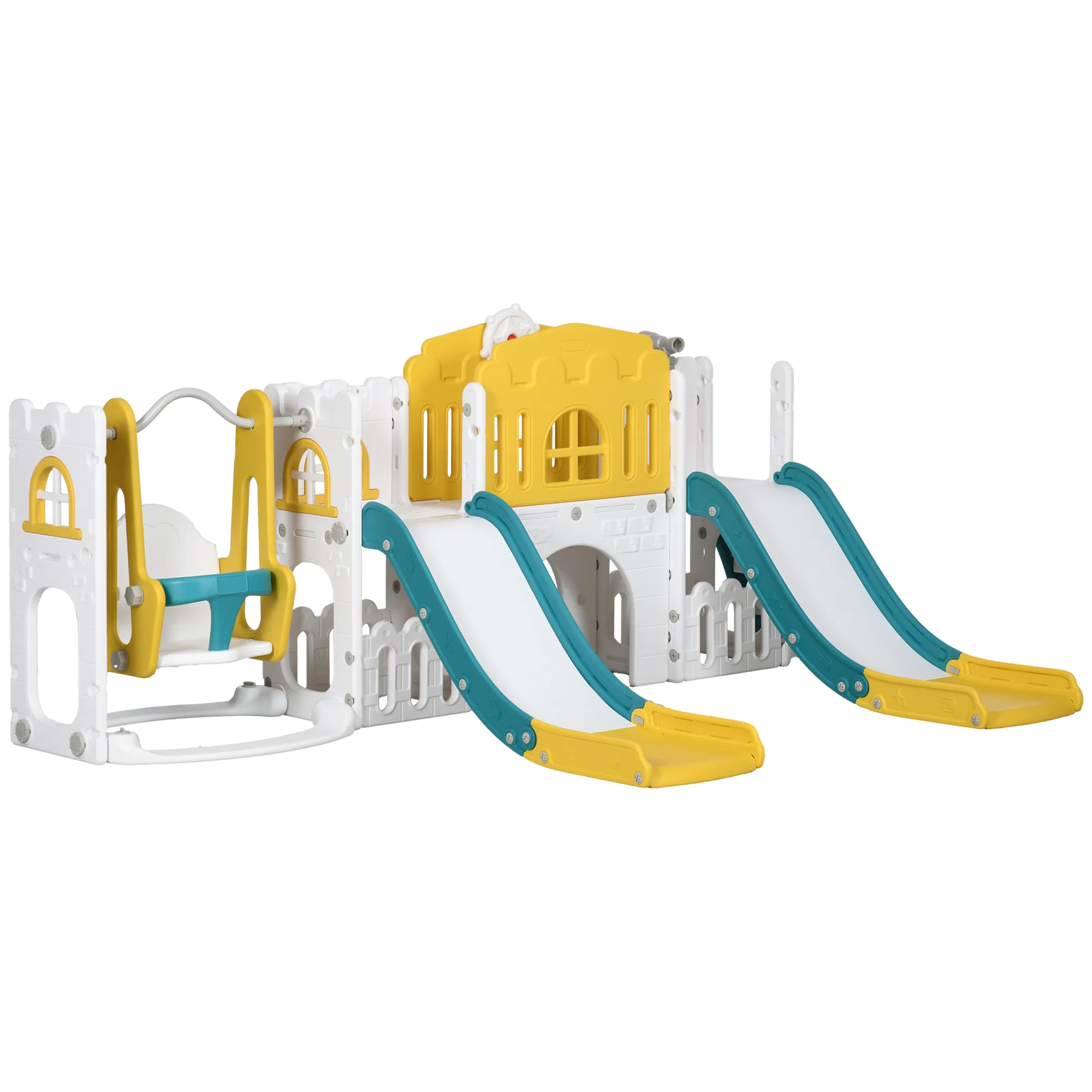 8-in-1 Slide and Swing Set, Baby Swing Set with Basketball Hoop, Climber, Steering Wheel…