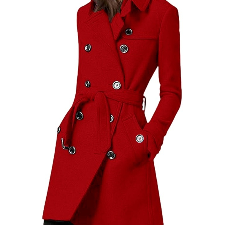 Womens Long Woolen Belted Double-breasted Coat With A Fitted Waist