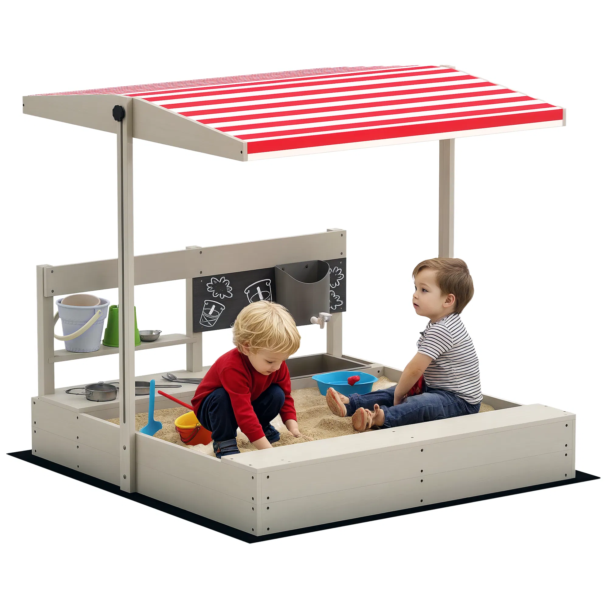 Kids Sandbox with Cover Kitchen Playset Toys, Wooden Sand Box with Seat, Storage, for 3-7…