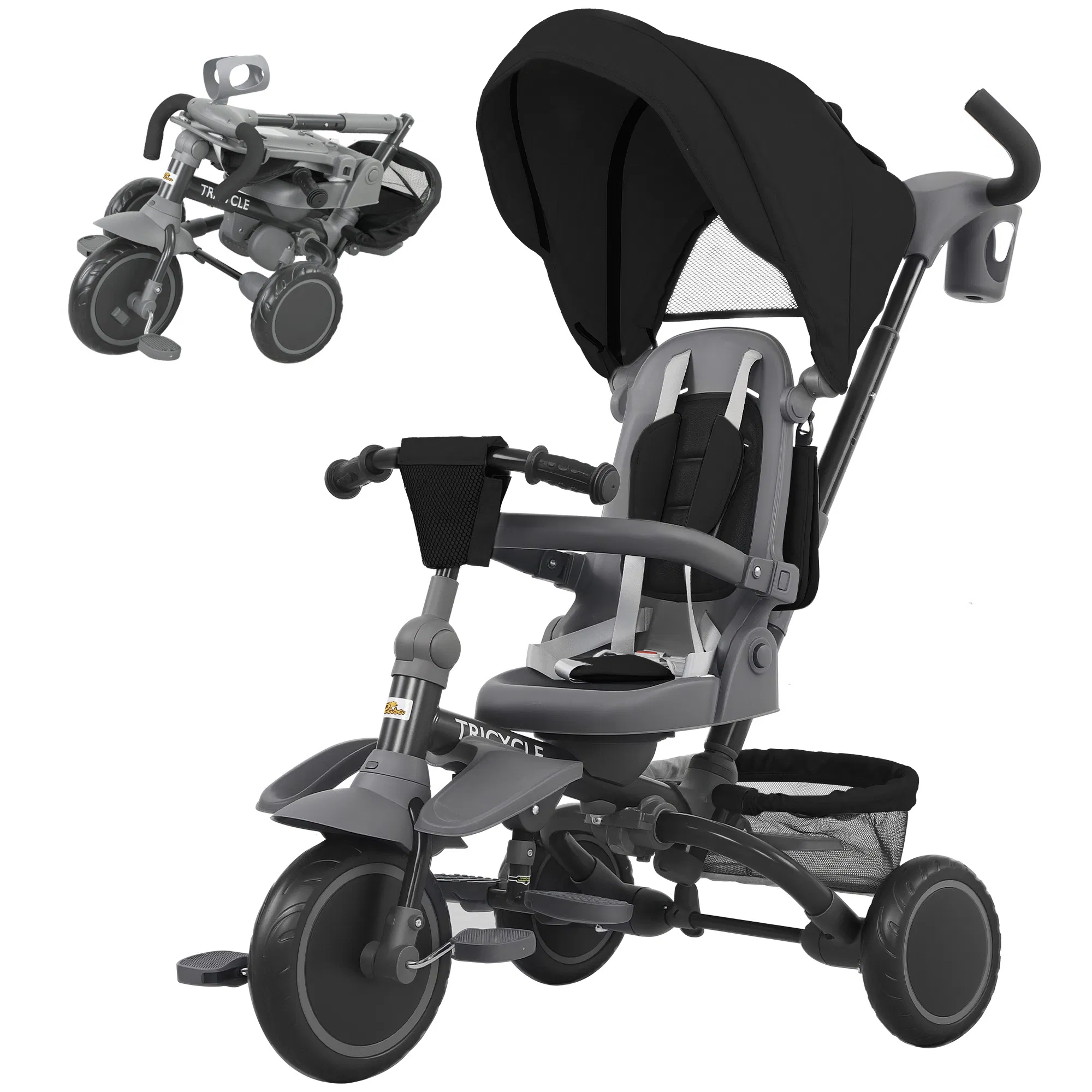 6-in-1 Toddler Tricycle for 1-5 Years Old with Push Handle, Removable Canopy, Rotatable…