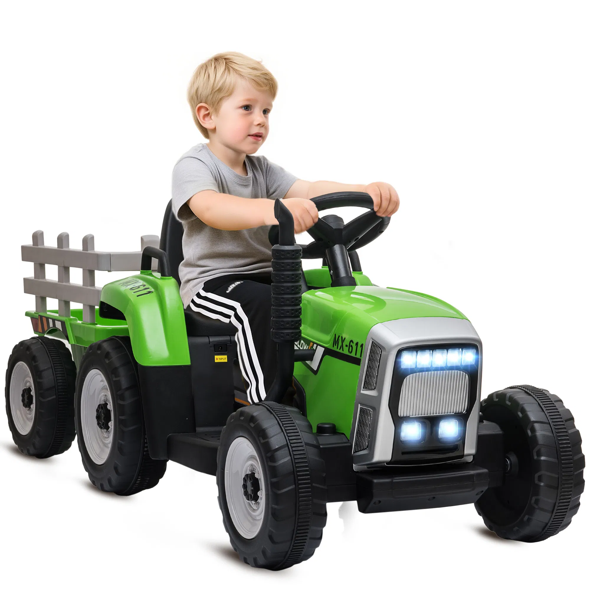 12V Kids Ride on Tractor with Trailer, Battery Powered Electric Tractor with Remote Control, Music Start up Sound and Horn, USB, LED Lights, Green