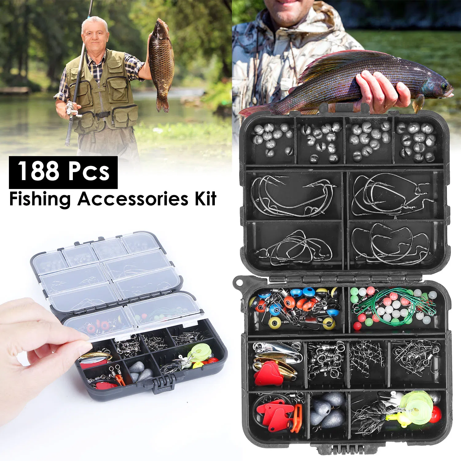 188-Pack Fishing Accessory Kit - Includes Hooks, Sinker Weights, Lures, Swivels & More…