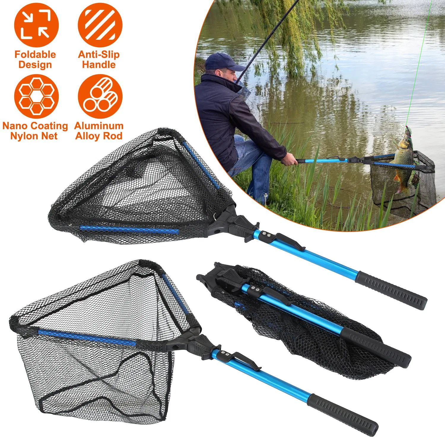 Foldable Fishing Net With Aluminum Alloy Rod EVA Handle Durable 5MM Hexagonal Nano…