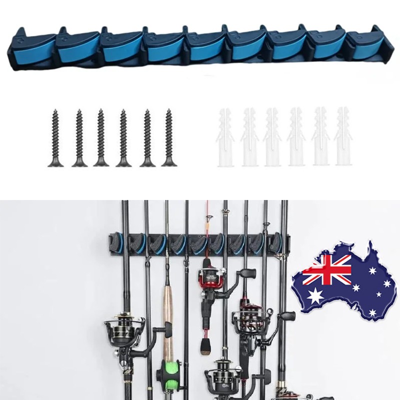 Vertical Fishing Rod Holder Wall Mounted Organizer Rack Blue Garage 9 Rods Pole