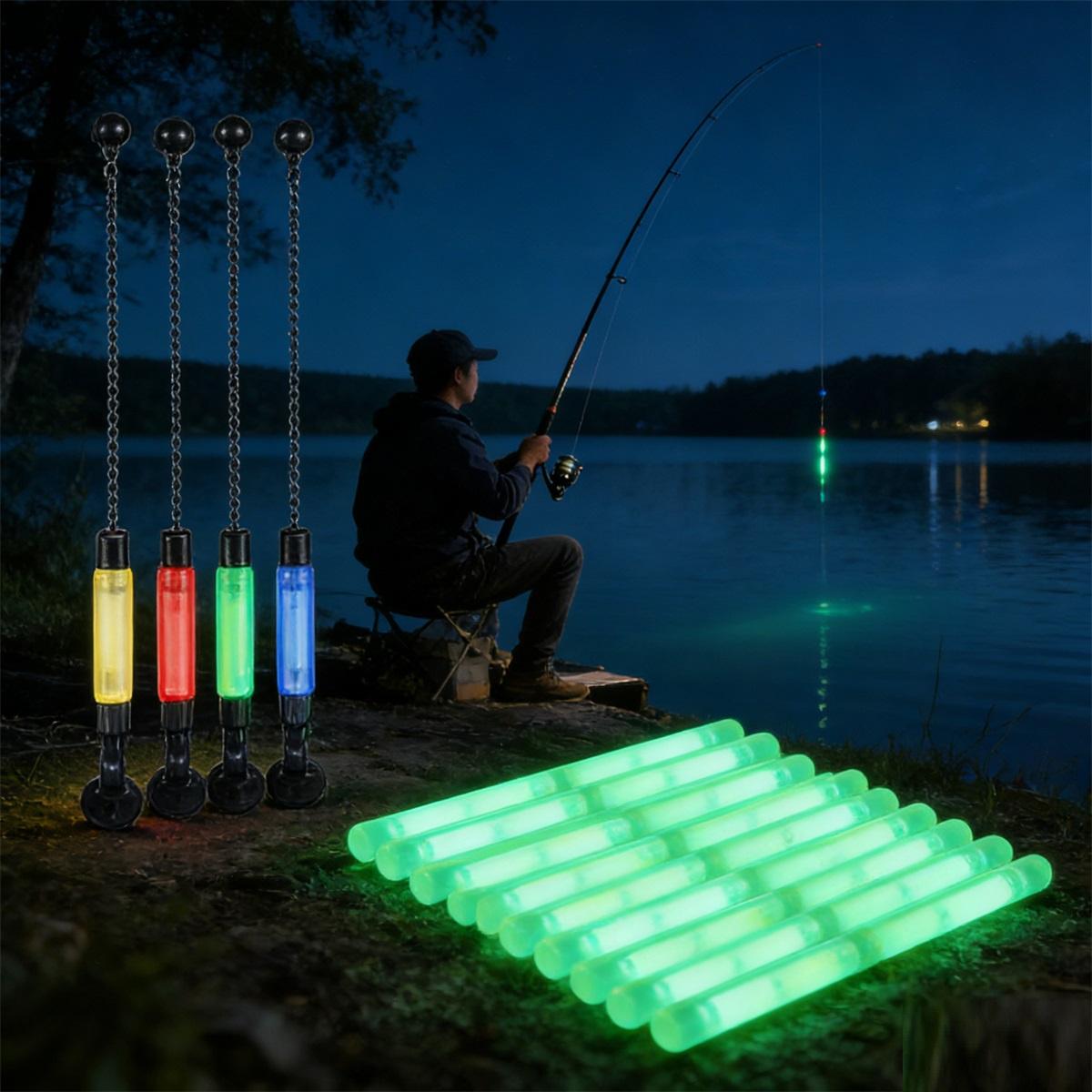 Night Fishing Set With 4 Swinger Floats In Blue, Red, Green, And Yellow, And 20 Floats…