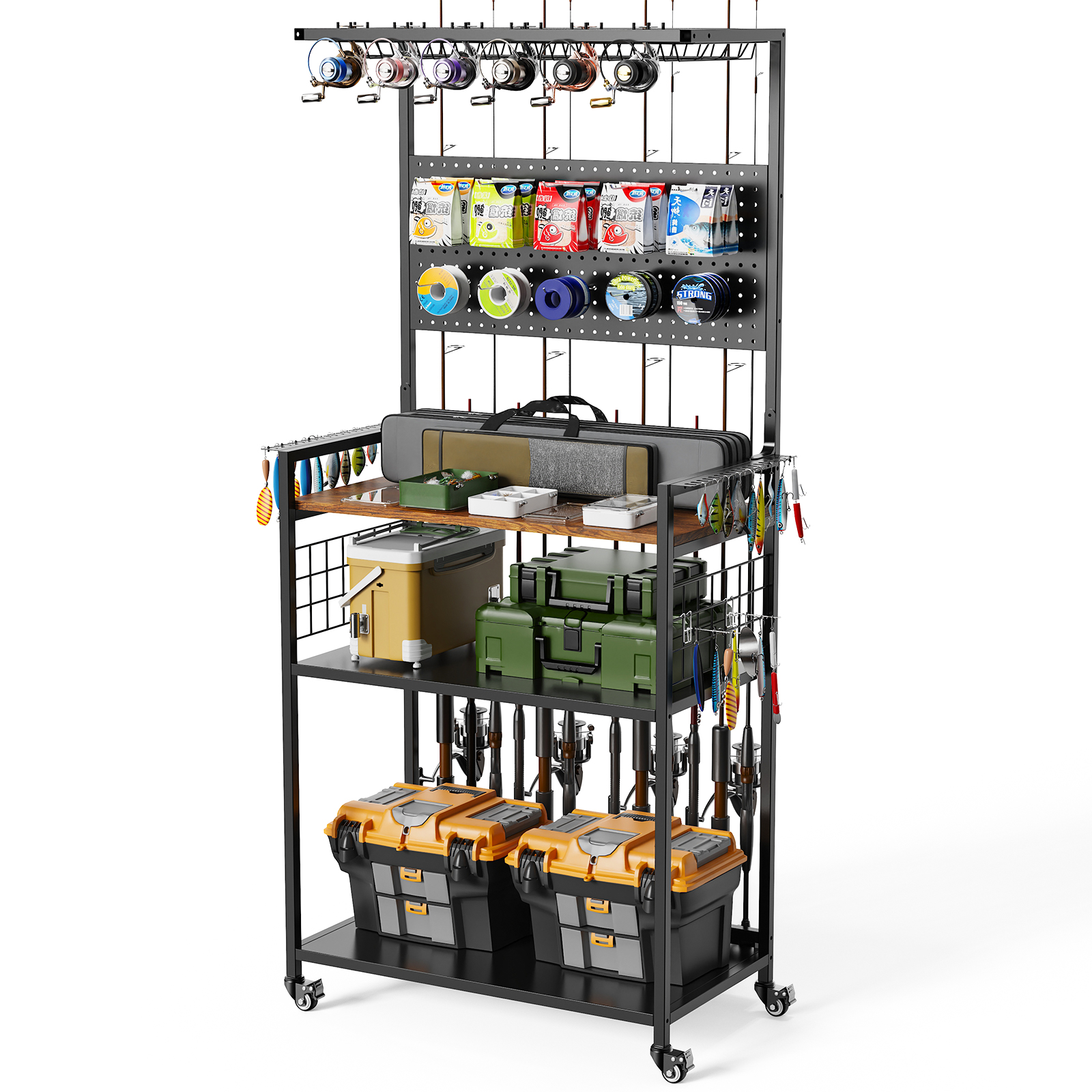 Fishing Rod Storage Rack With Pegboard, Rolling Tackle Organizer Cart, Multi-Tier Fishing…