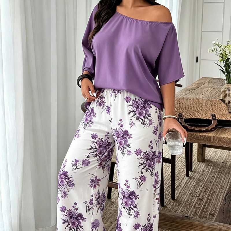 Casual Womens Set Featuring Plant And Floral Print Wide-leg Pants