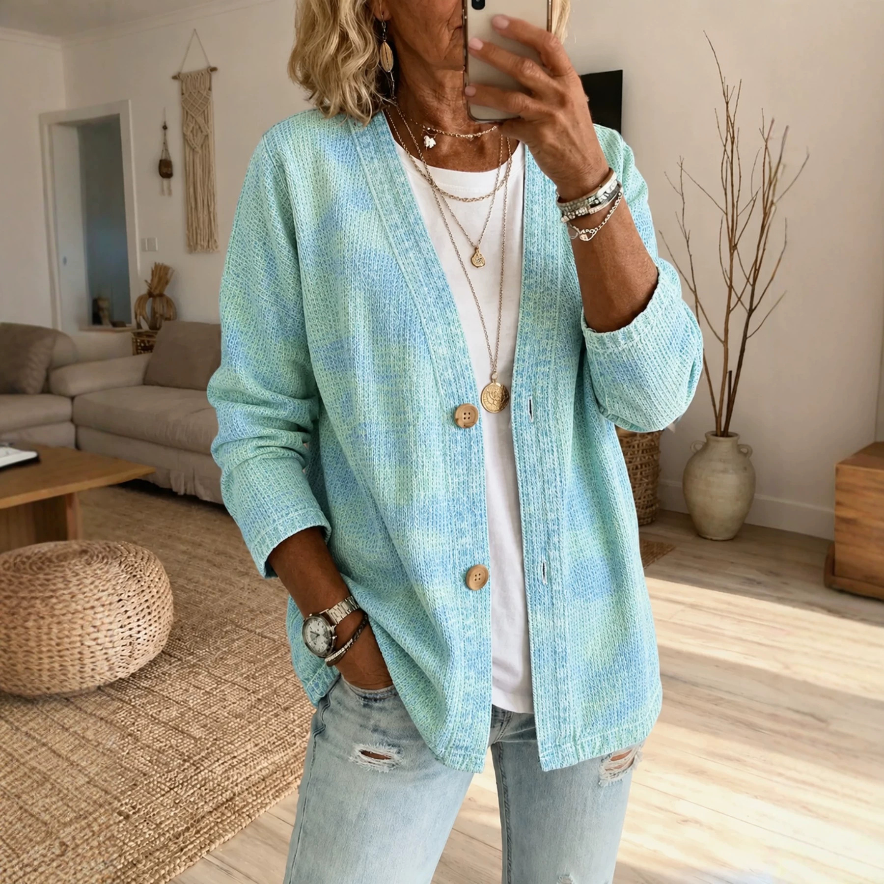 Printed Long-sleeve Cardigan With Two Buttons