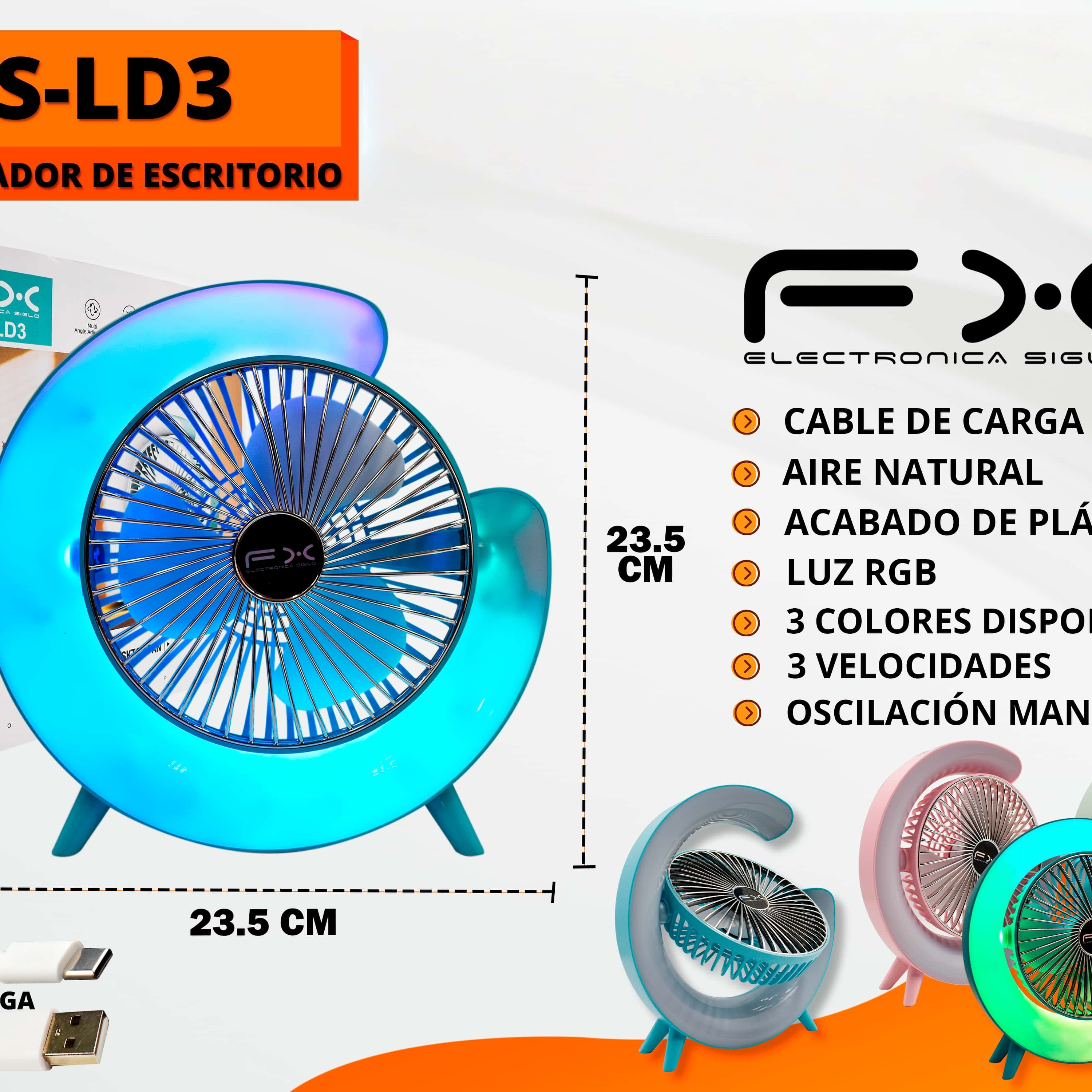 White Usb Rechargeable Desktop Fan With Rgb Lighting, 3 Speed Settings, 23.5cm - Ideal…