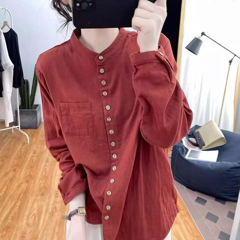 Cultural And Vintage-style Top With A Stand-up Collar And Single-breasted Design