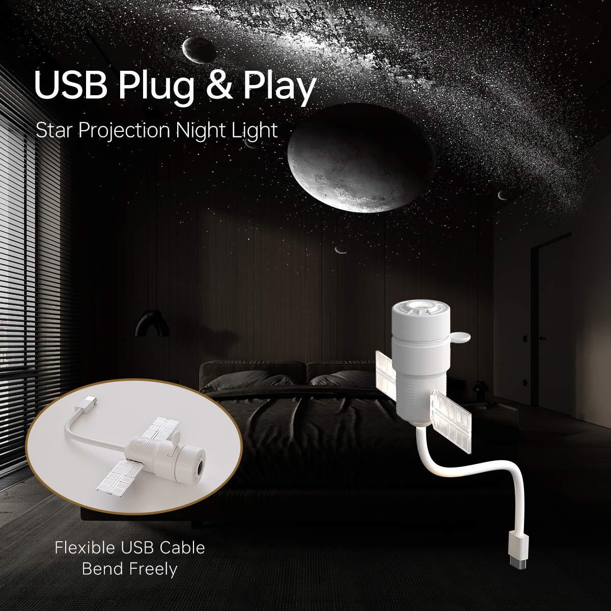 USB Star Projector Night Light, 360 Rotatable Space Satellite Galaxy Projection Lamp With…