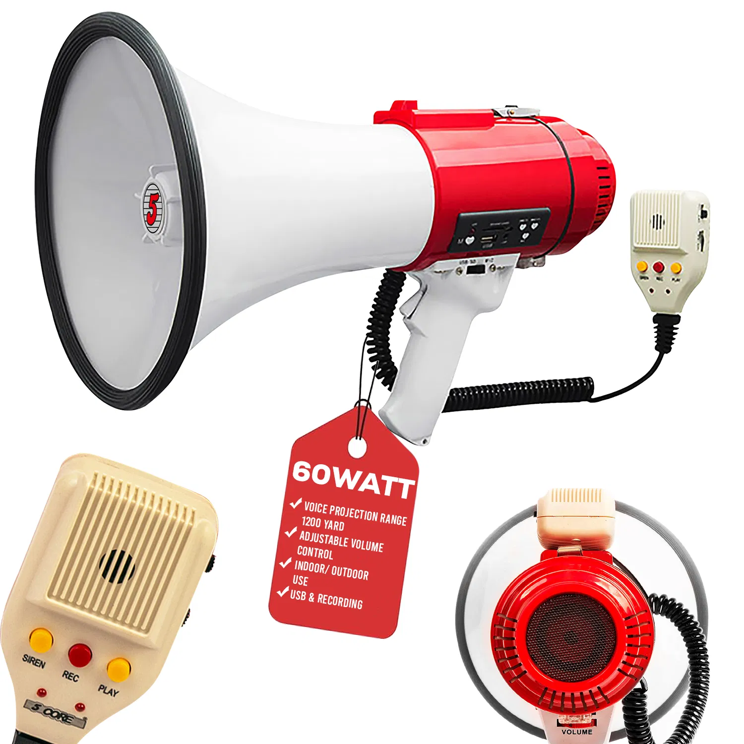 5 Core Megaphone 60W Bull Horn Professional PA Speaker w 1200 Yards Range Loud Siren…