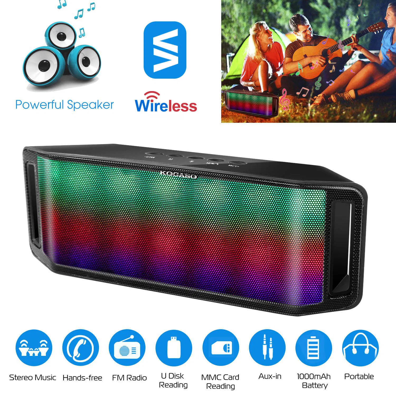 LED Wireless Speaker Dynamic Multicolor Hands-free FM Radio USB MMC Reading Aux In for…