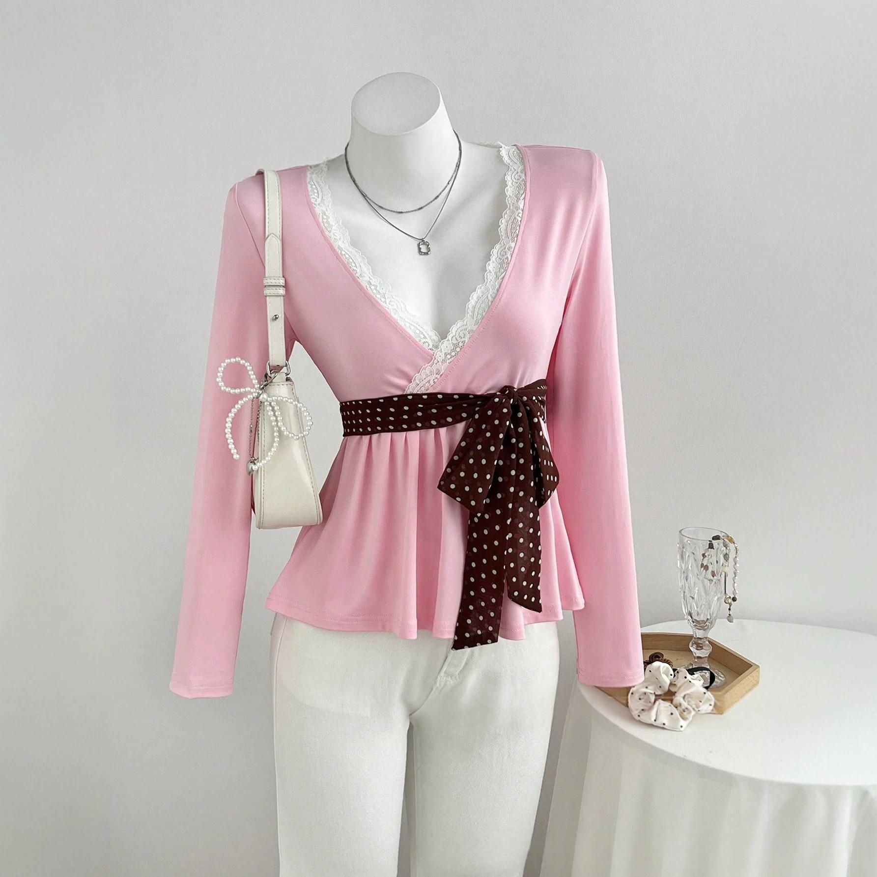Lace V-neck Long-sleeved Top For Women