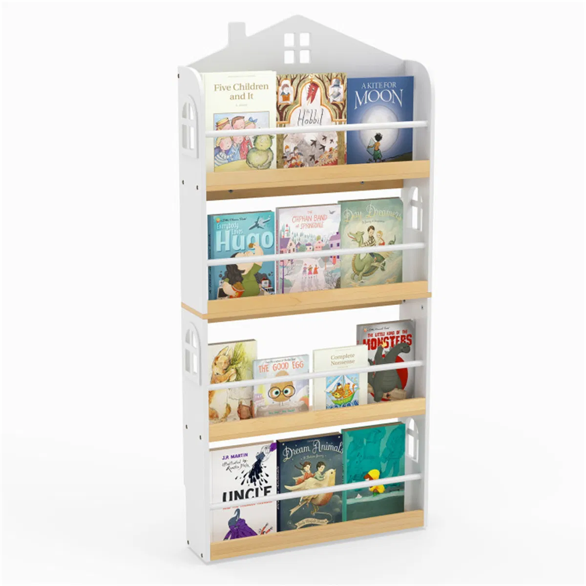 4-Tier House-Shaped Kids Bookshelf, 60.96×15.24×129.54 cm Front-Facing Book Rack with…