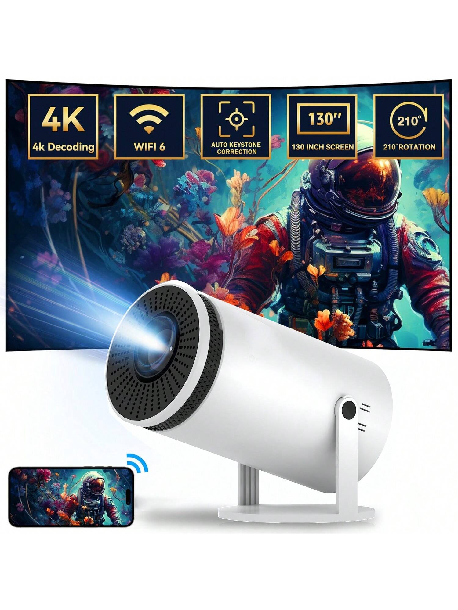 Smart Portable Theater Projector With Trapezoidal Image Correction, Wifi 6 Support…