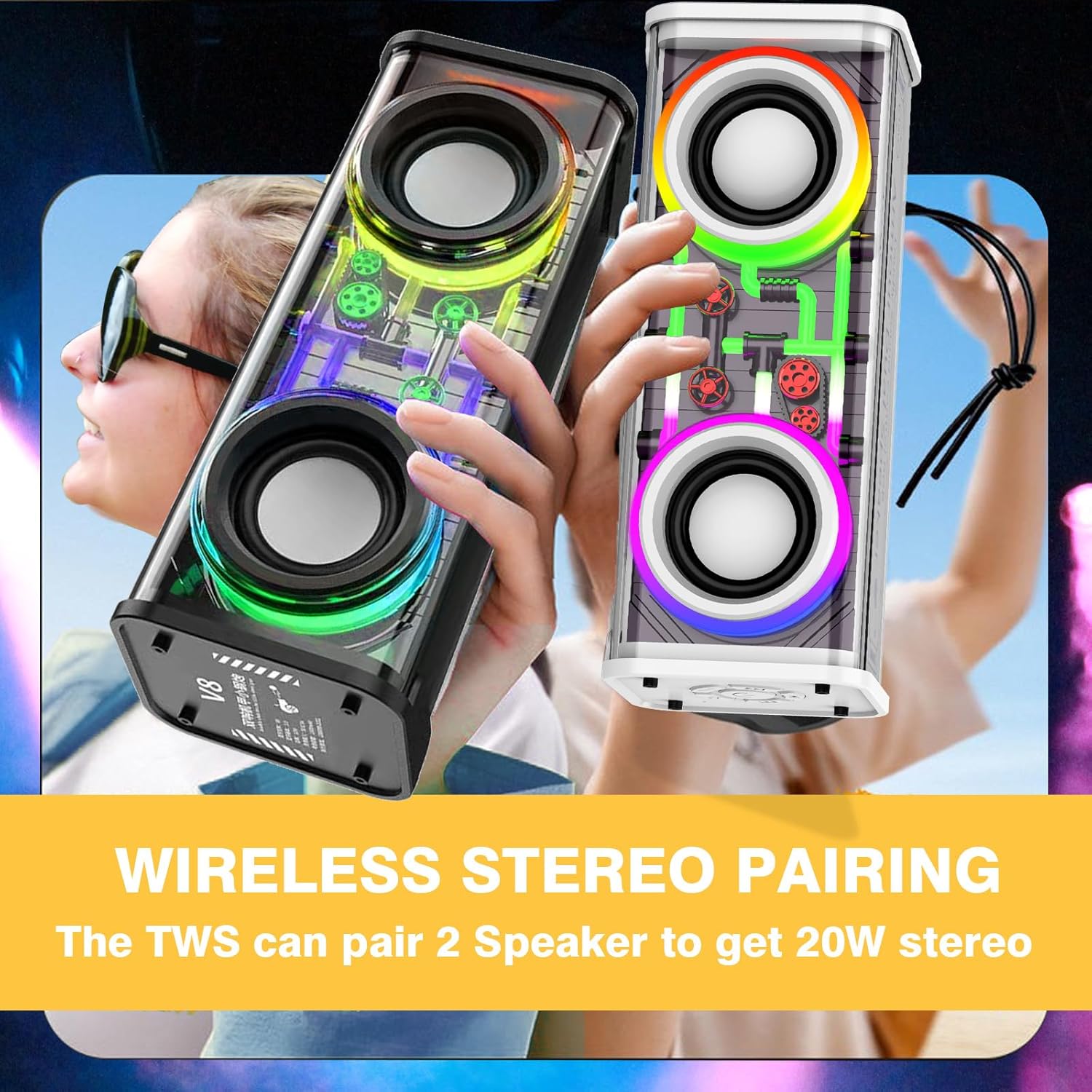 Portable Bluetooth Speaker With LED Lights&Transparent Casing, Bluetooth 5.3 Wireless…