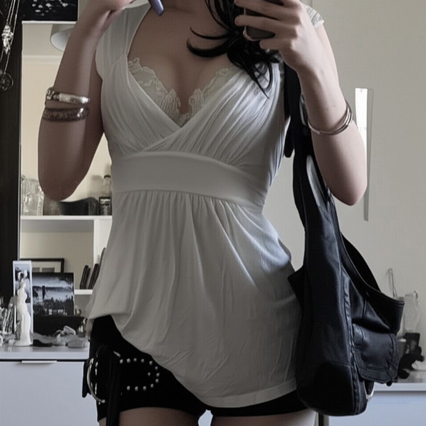 Women's White Lace-mesh Knitted Top