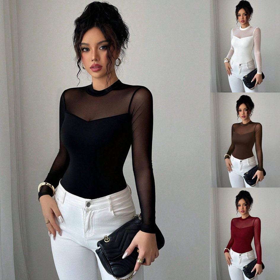 Half-high Neck Spliced Sheer Mesh Sleeve Solid-color Tube Top Faux Two-piece Top