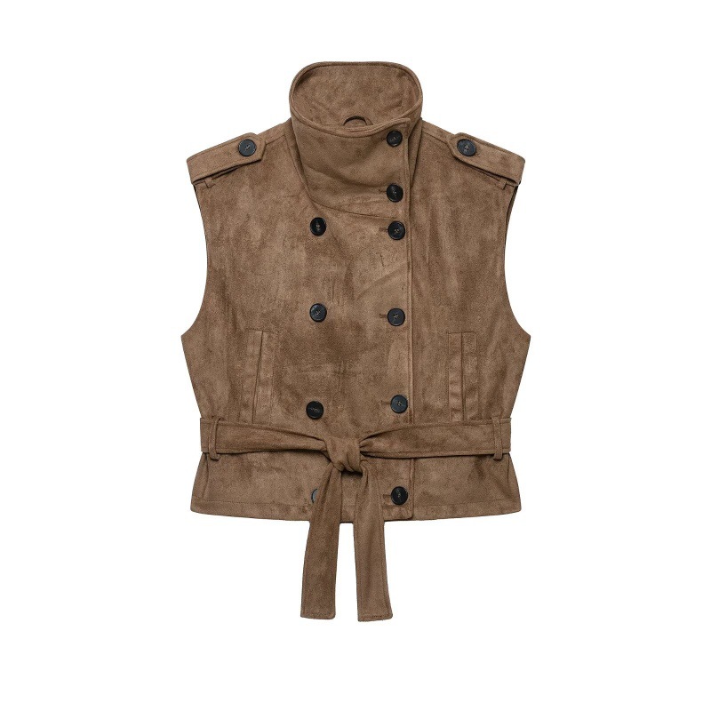 Autumnal Maillard-style Stand-collar Suede Vest With Belt