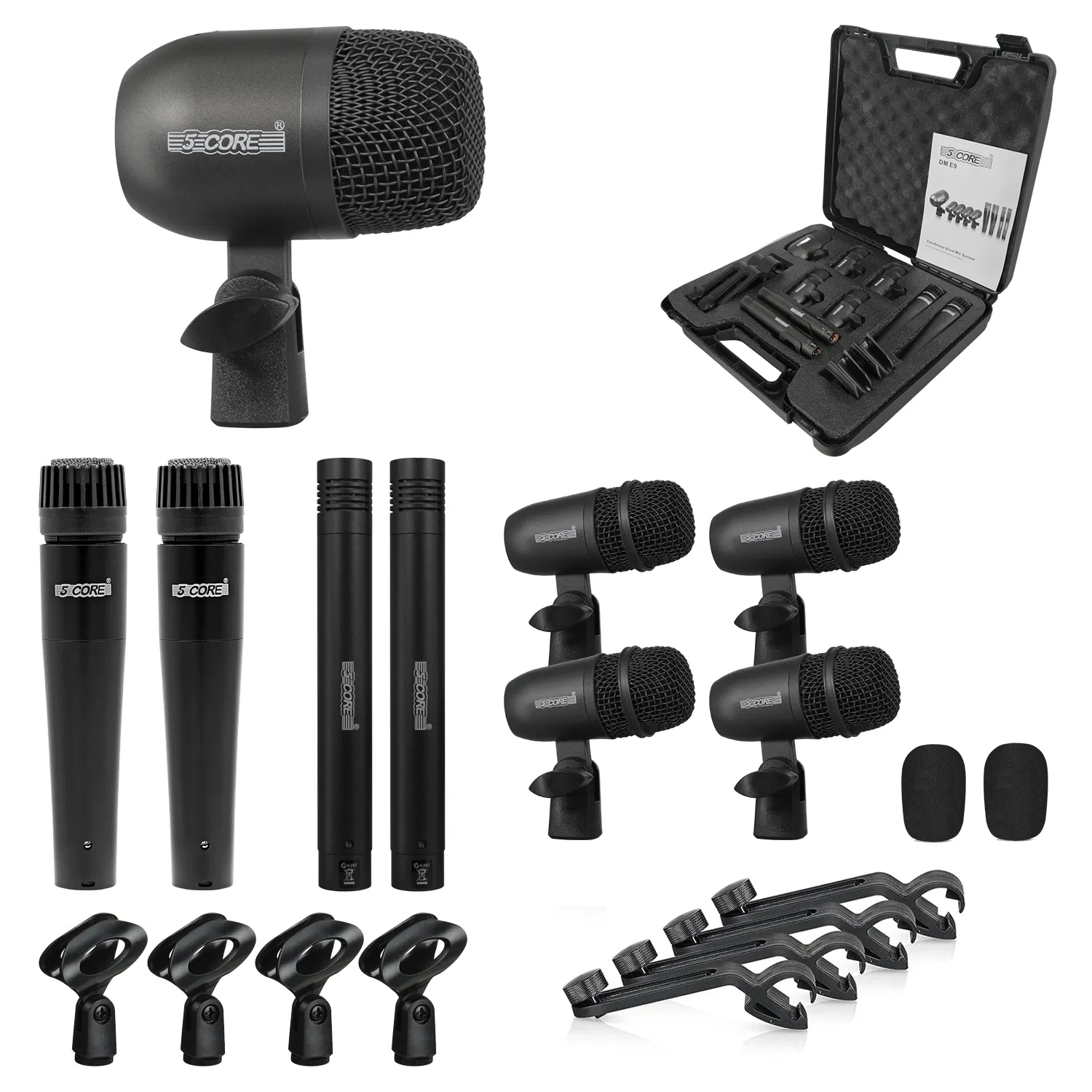 5 Core Drum Microphone Kit 9Pc All Metal Drummer Mics Tom/Snare & Cymbals Wired…