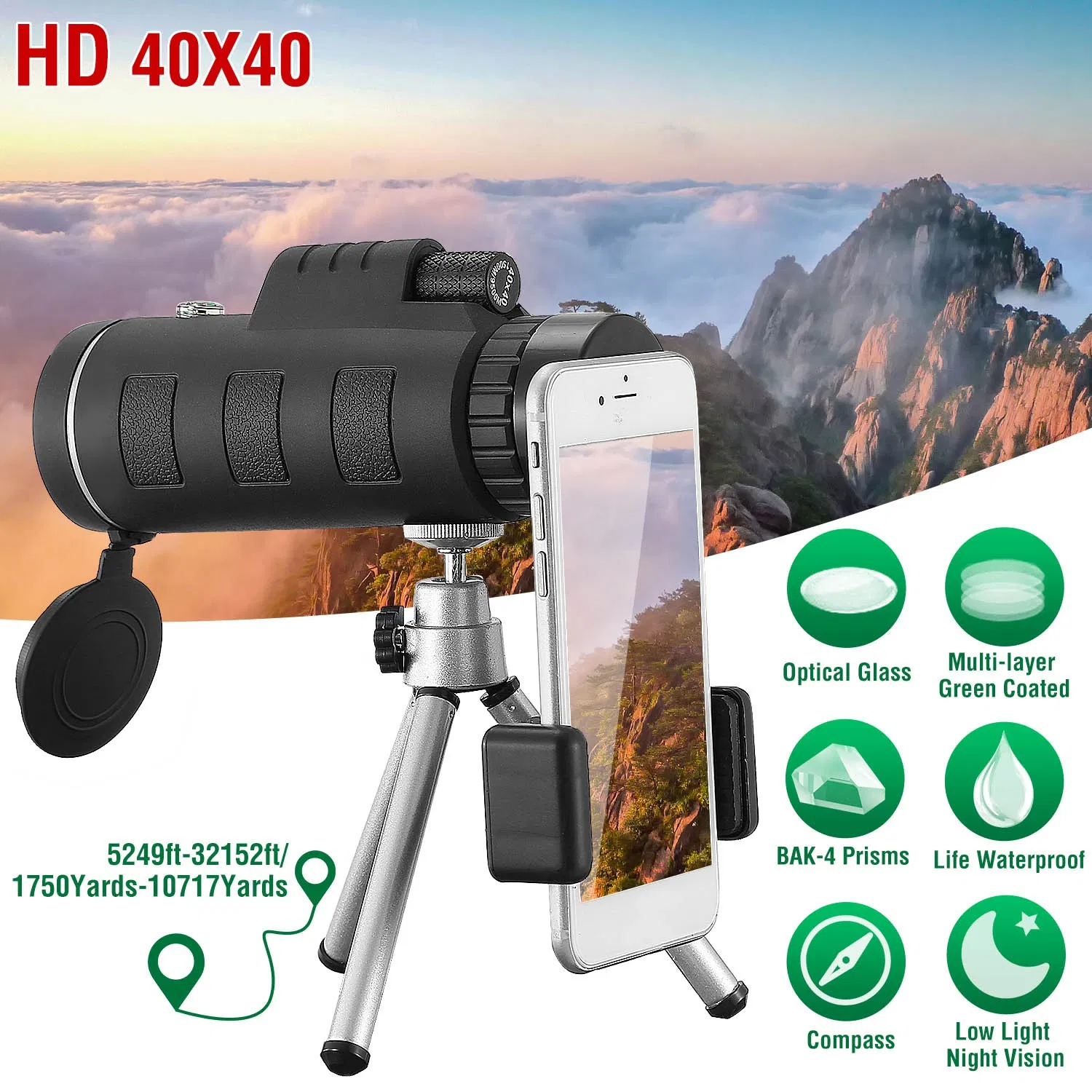 40x40 HD Optical Monocular Telescope w/ FMC Lens Low Light Vision Scope Phone Holder…