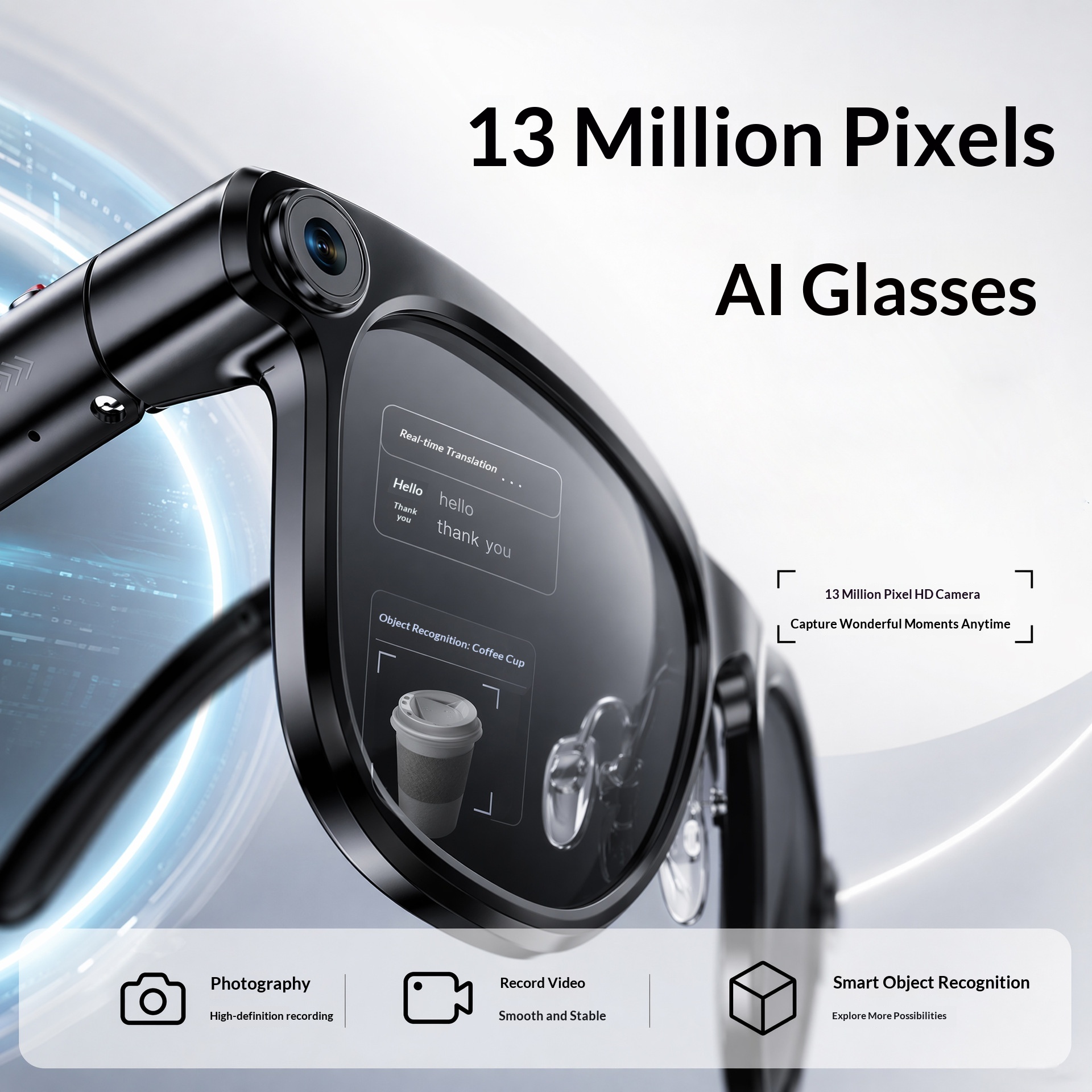 AI Smart Glasses, 1300 MP High Definition Camera, Anti Shake Shooting, Object Recognition…