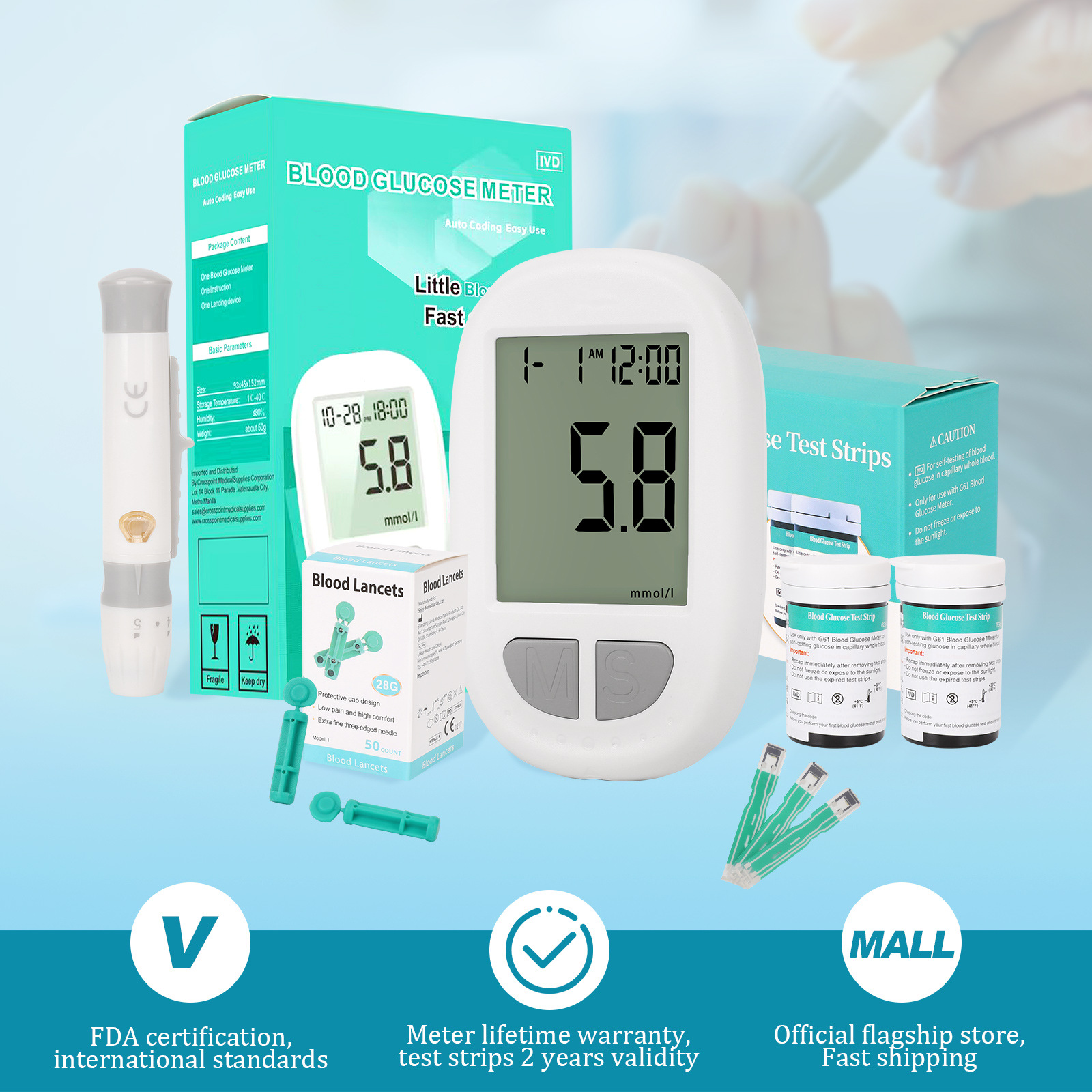 Portable Blood Glucose Meter Kit - Auto Coding, Fast 10s Results, Includes 50 Test Strips…