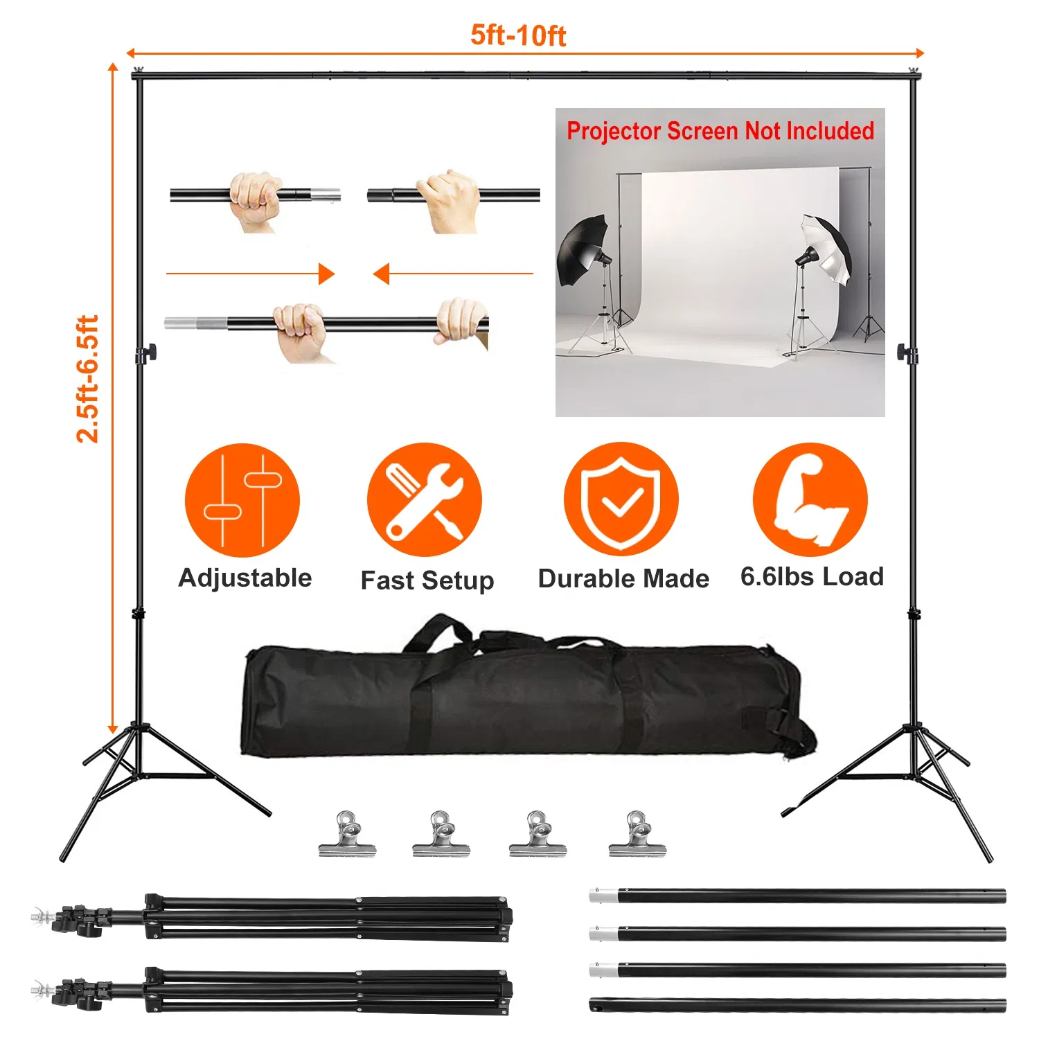 Adjustable Backdrop Support System, 5-10ft Wide Photo Background Stand with 4 Clamps…