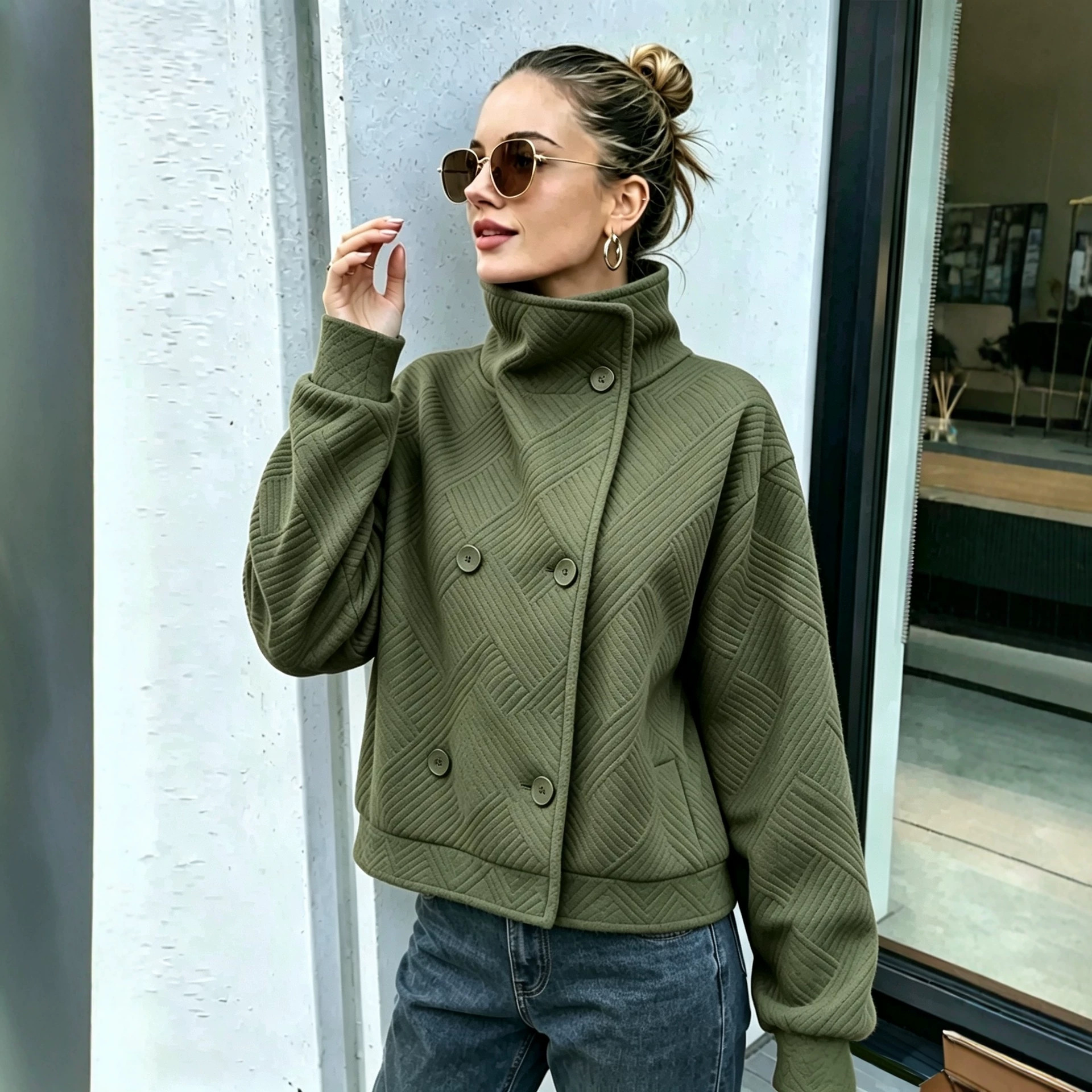 Women's Buttoned Turtleneck Double-breasted Lapel Coat