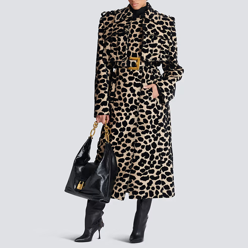Leopard Pattern Jacquard Belted Long Trench Coat