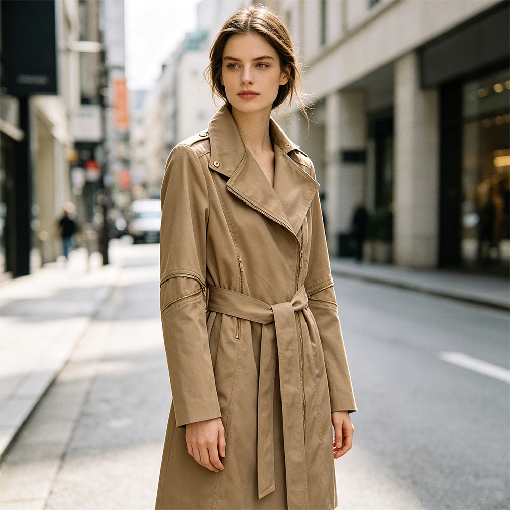 High-Neck Asymmetric Zipper Belted Leather Trench Coat