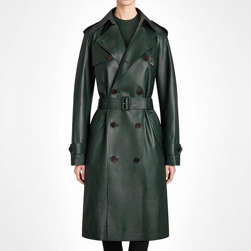 Classic Double-Breasted Belted PU Leather Trench Coat