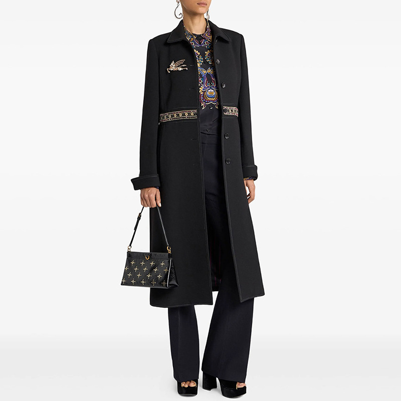 Crystal Pegged Pegasus Brooch & Floral Tweed Belt Long Woolen Coat