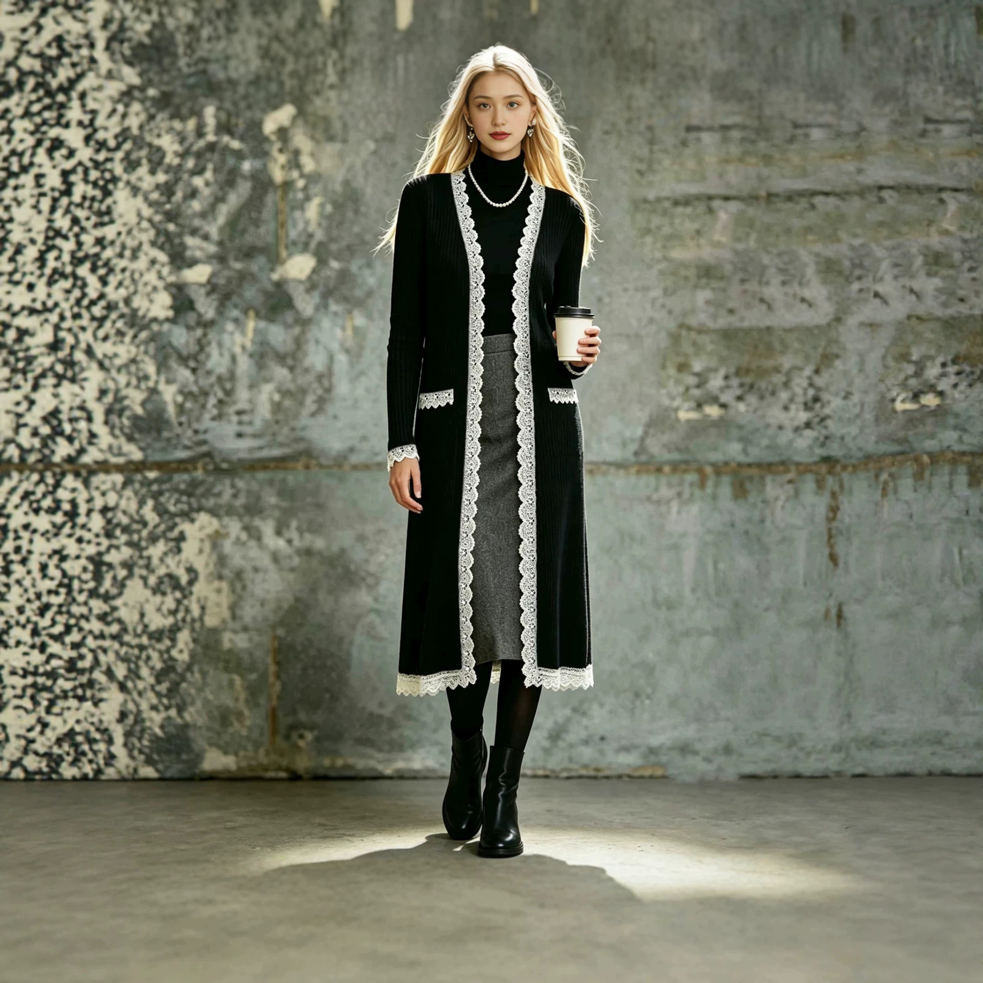 Women's AutumnWinter Knitted Sweater Color-Block Lace Cardigan Coat