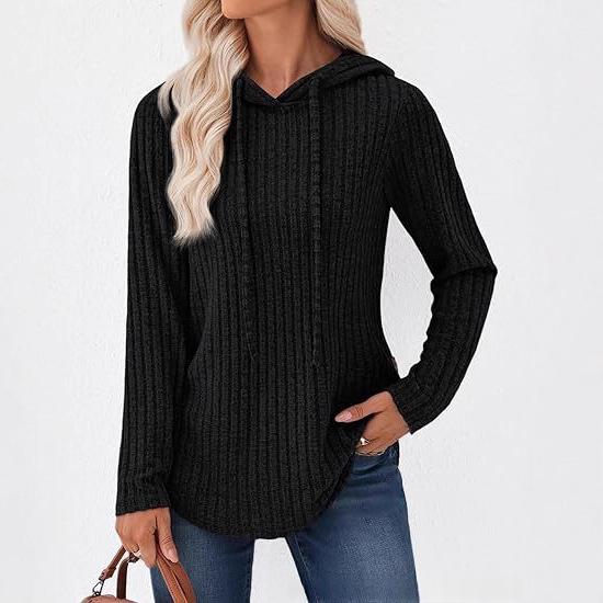 Women's Solid-color Ribbed Hooded Loose-fit Pullover Top
