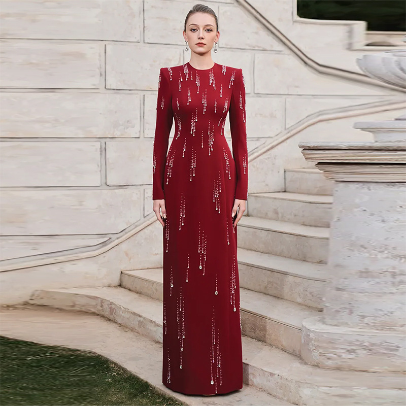 Crystal Rainfall Long-Sleeve Maxi Gown