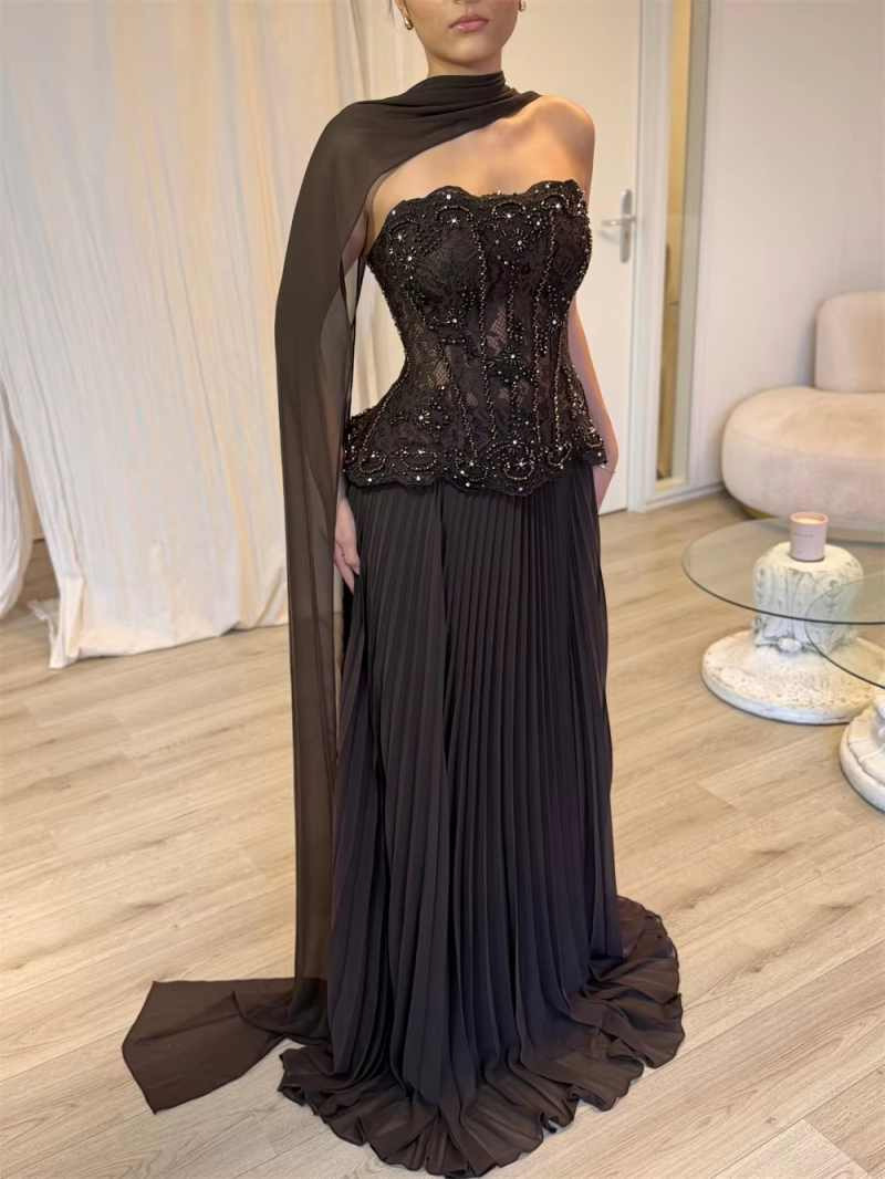 Beaded Corset Peplum Evening Gown With Chiffon Cape Scarf