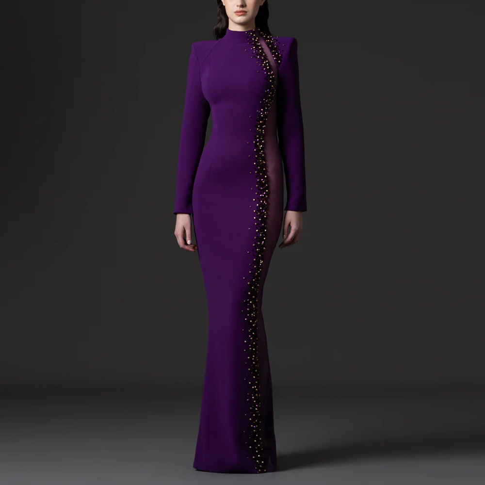 Purple Crepe High-Neck Long-Sleeve Beaded Mesh Cutout Mermaid Evening Gown